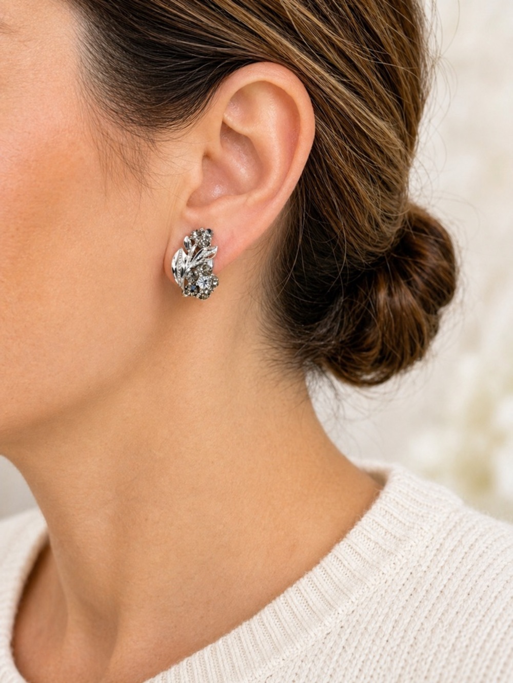 Vintage Lisner Rhinestone Clip On Earrings Silver Floral Leaf Mid Century
